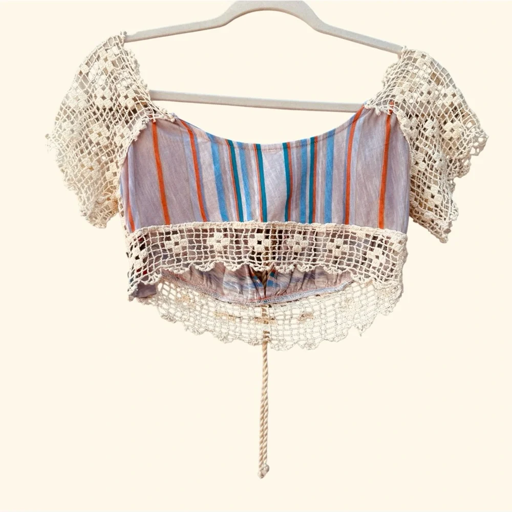 Free People Women’s S Aruba Crochet Striped Bohemian Hippie Festival Crop Top - Picture 7 of 12